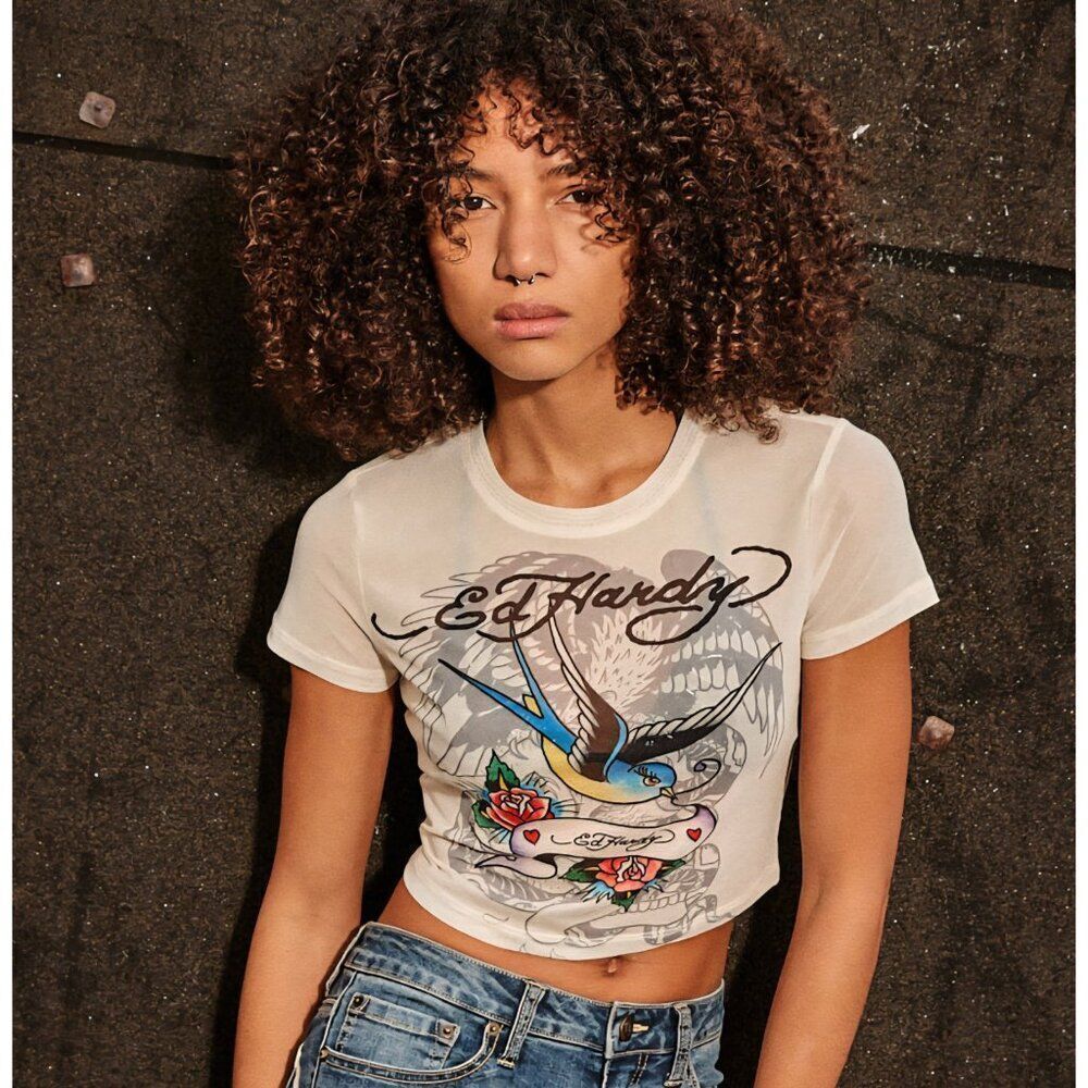 NWT Ed Hardy - M - Mesh Swallow Cropped Baby Tee Ivory Women’s